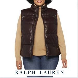 Lauren Ralph Lauren Lambskin Leather Quilted Puffy Vest Soft Brown Plus‎ Size 1X